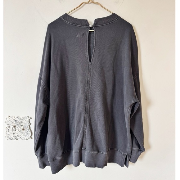 Aerie Big Chill Lace Bow Oversized Sweatshirt Coquette Washed Black and White L - Picture 8 of 10